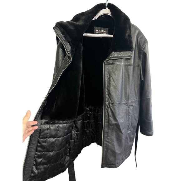 WILSONS LEATHER COAT Womans XL Faux Fur Lined Belted Black - Picture 3 of 16